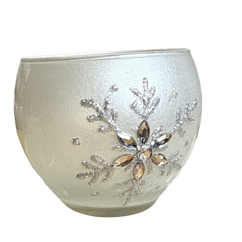 Set Of 3 Per Box Glass Snowflake Votives Tealight Candle Holder White Silver Gil